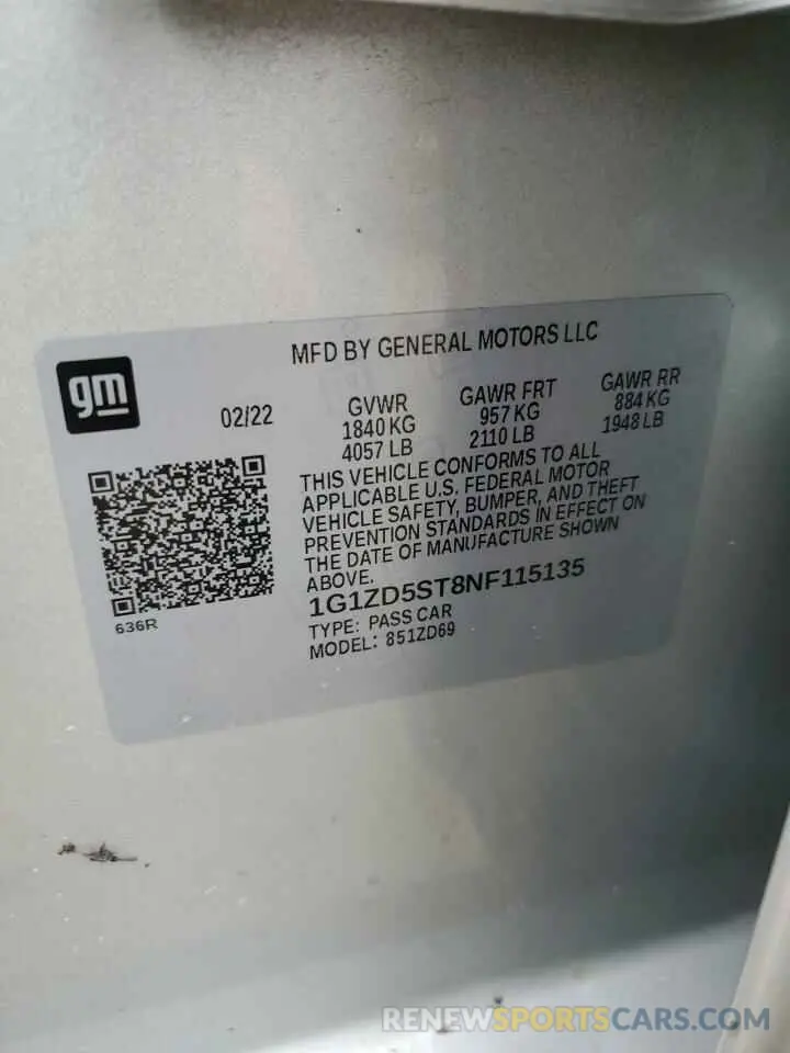 15 Photograph of a damaged car 1G1ZD5ST8NF115135 CHEVROLET MALIBU 2022