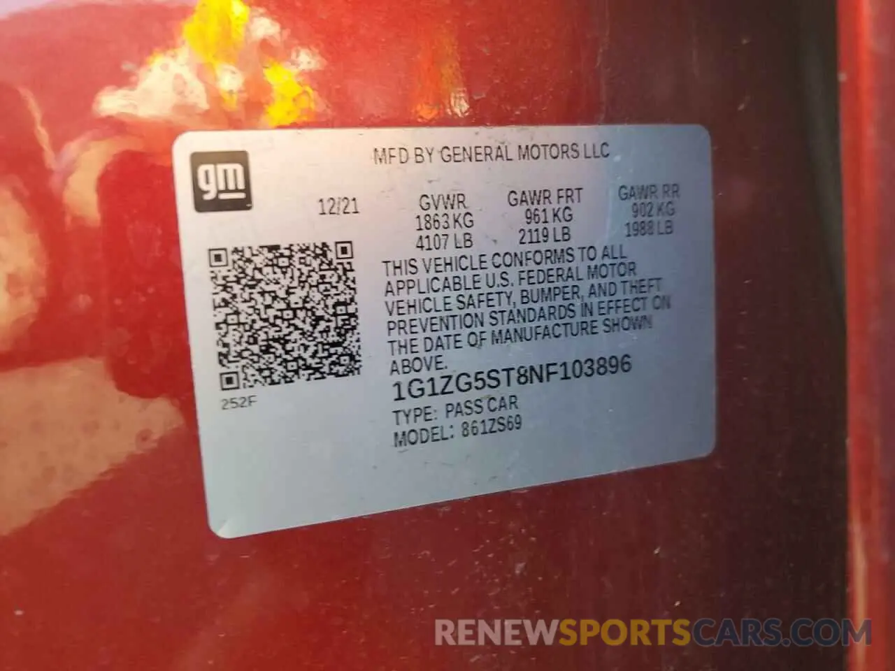12 Photograph of a damaged car 1G1ZG5ST8NF103896 CHEVROLET MALIBU 2022