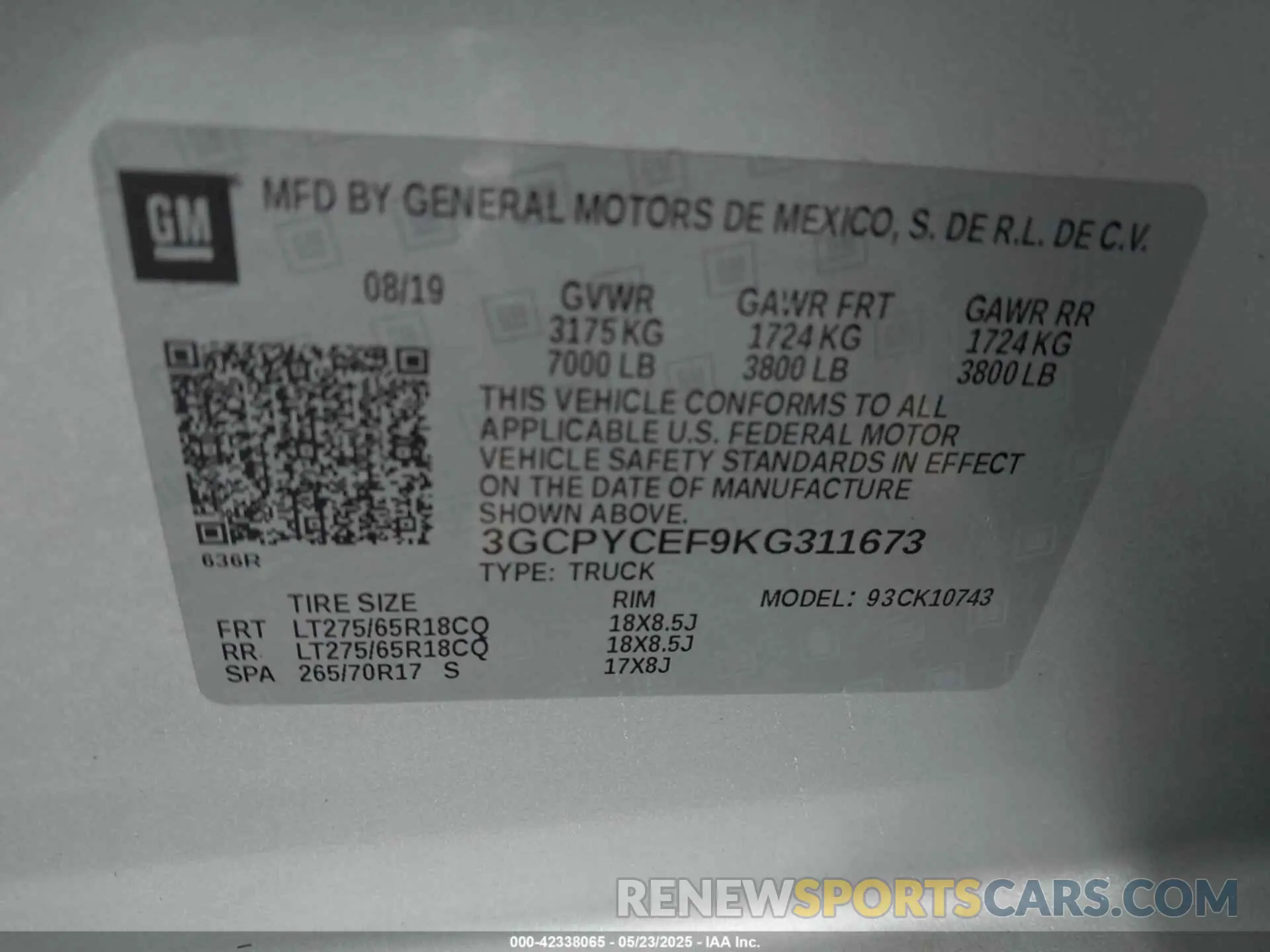 9 Photograph of a damaged car 3GCPYCEF9KG311673 CHEVROLET SILVERADO 1500 2019