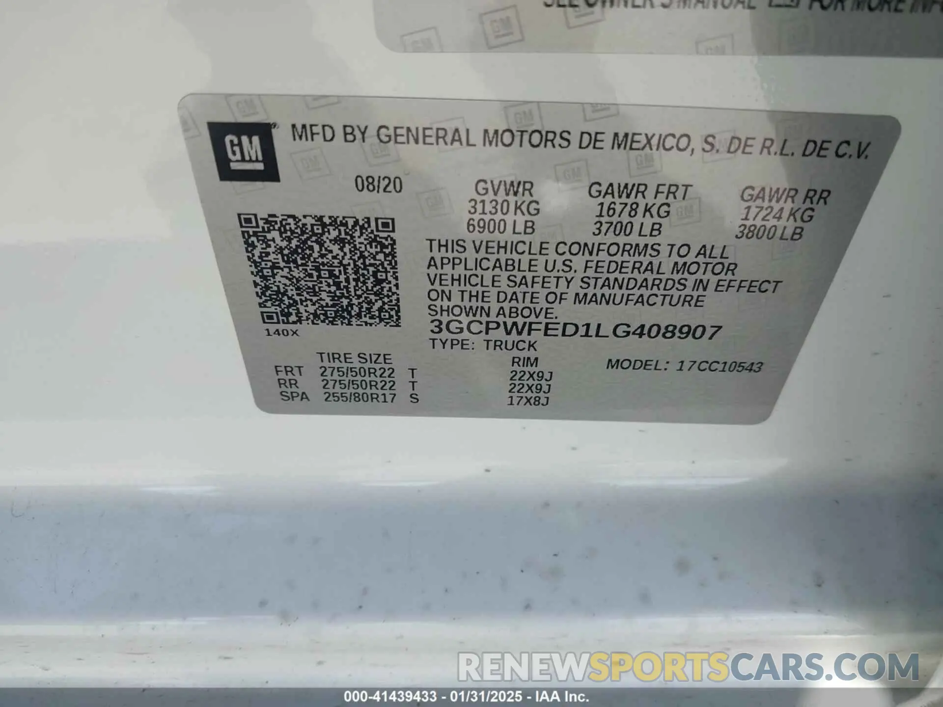 9 Photograph of a damaged car 3GCPWFED1LG408907 CHEVROLET SILVERADO 1500 2020