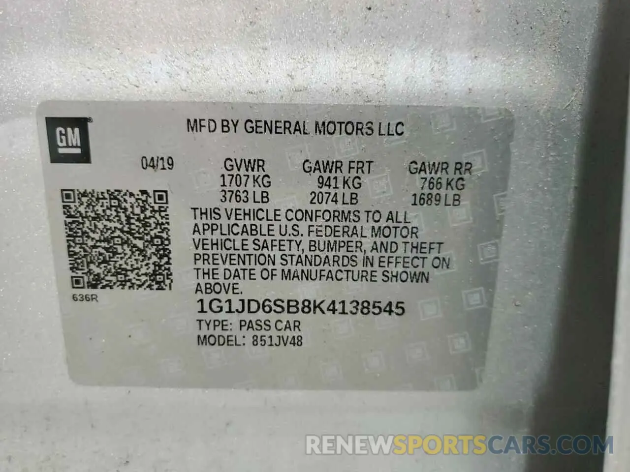 13 Photograph of a damaged car 1G1JD6SB8K4138545 CHEVROLET SONIC 2019