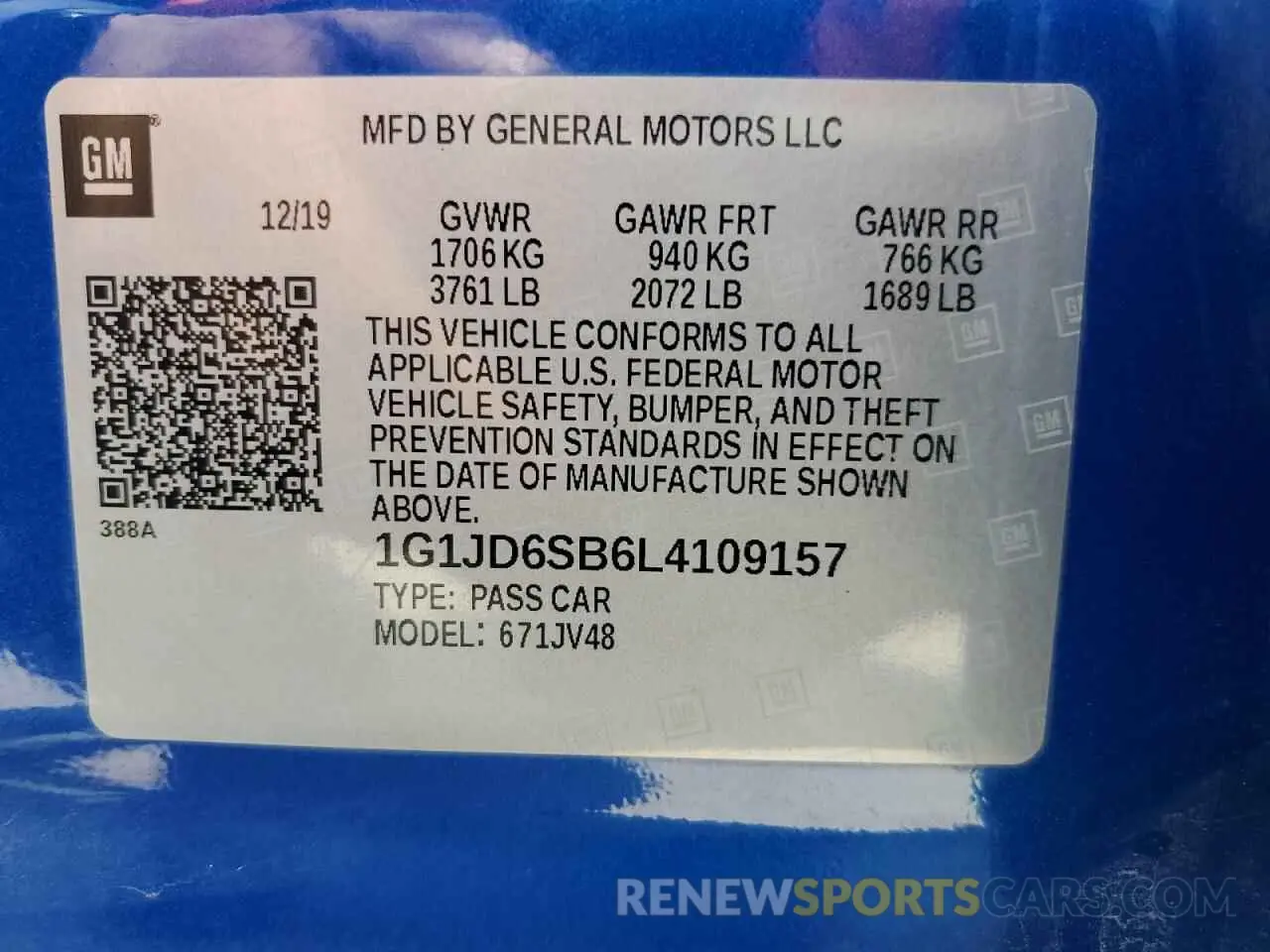 12 Photograph of a damaged car 1G1JD6SB6L4109157 CHEVROLET SONIC 2020