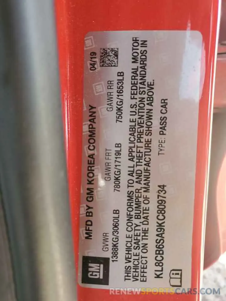 12 Photograph of a damaged car KL8CB6SA9KC809734 CHEVROLET SPARK 2019