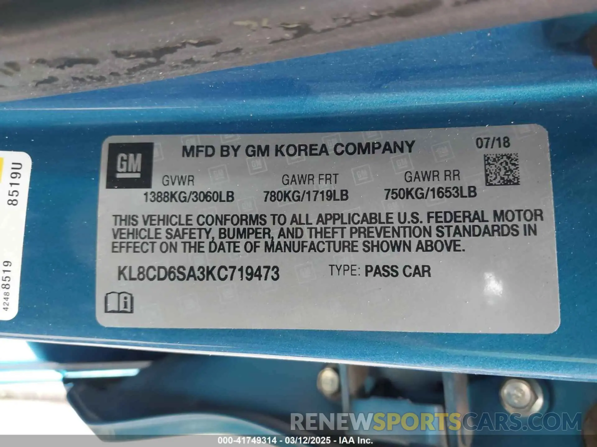 9 Photograph of a damaged car KL8CD6SA3KC719473 CHEVROLET SPARK 2019