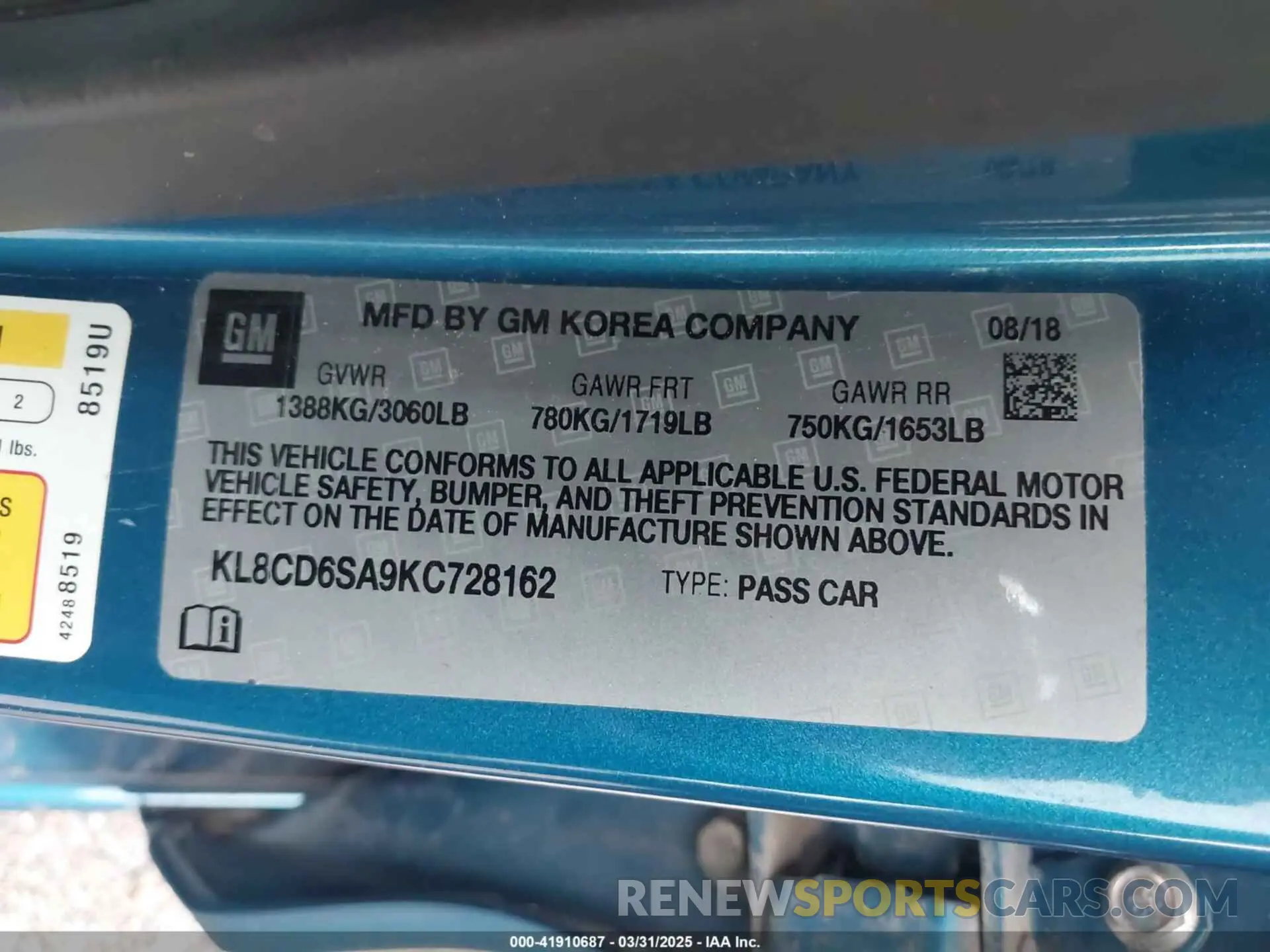 9 Photograph of a damaged car KL8CD6SA9KC728162 CHEVROLET SPARK 2019