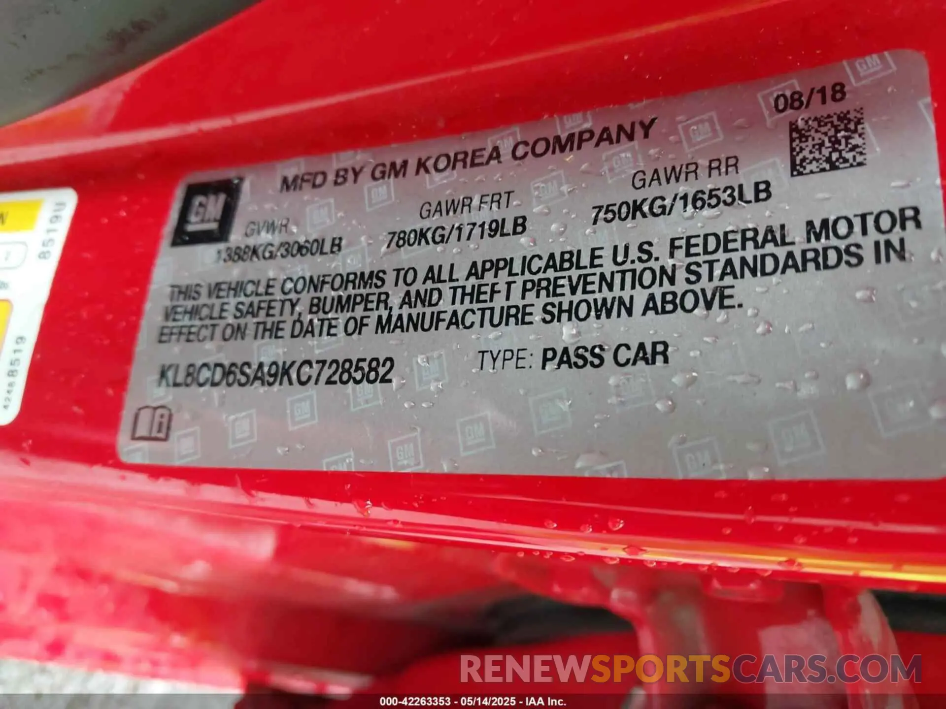 9 Photograph of a damaged car KL8CD6SA9KC728582 CHEVROLET SPARK 2019