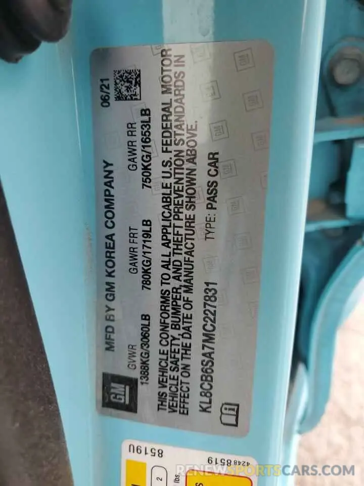 15 Фотография поврежденного автомобиля KL8CB6SA7MC227831 CHEVROLET SPARK 2021