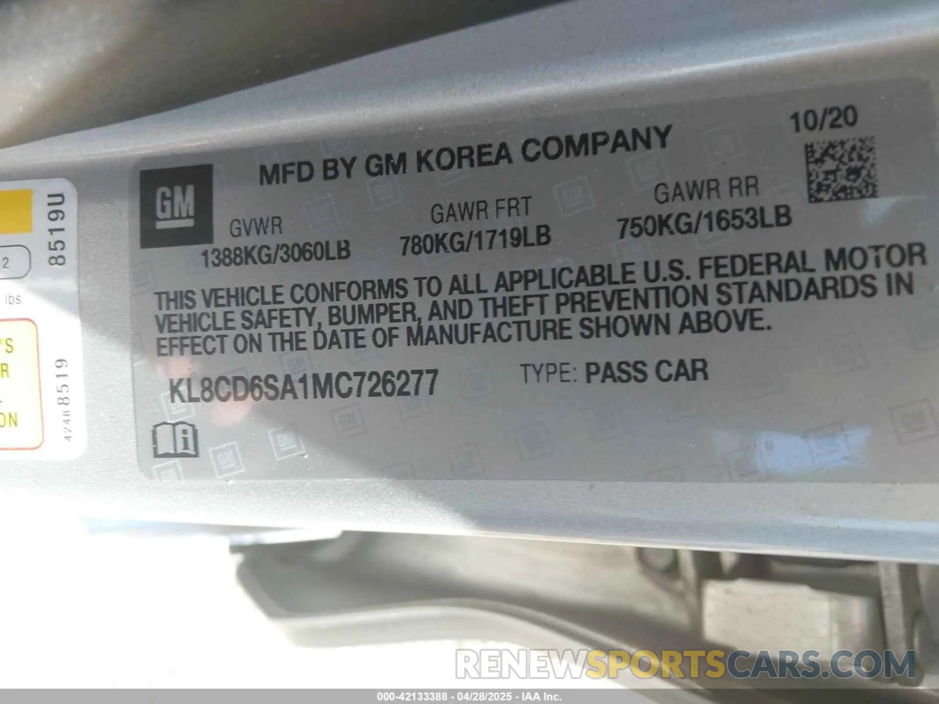 9 Фотография поврежденного автомобиля KL8CD6SA1MC726277 CHEVROLET SPARK 2021