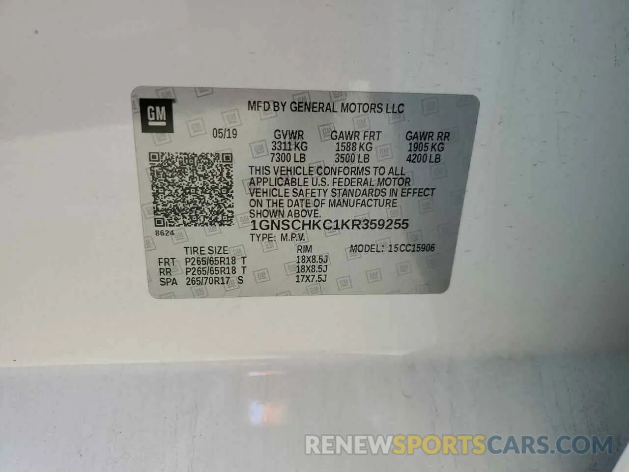 14 Photograph of a damaged car 1GNSCHKC1KR359255 CHEVROLET SUBURBAN 2019