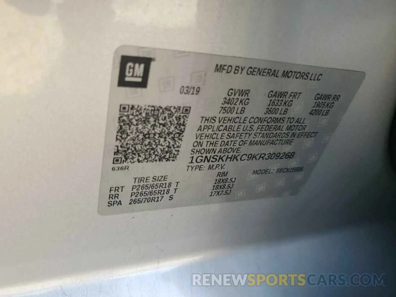 13 Photograph of a damaged car 1GNSKHKC9KR309268 CHEVROLET SUBURBAN 2019