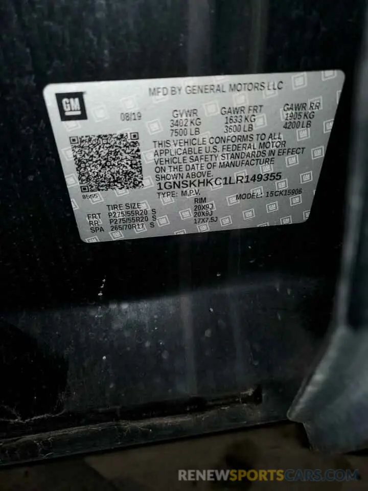 14 Photograph of a damaged car 1GNSKHKC1LR149355 CHEVROLET SUBURBAN 2020