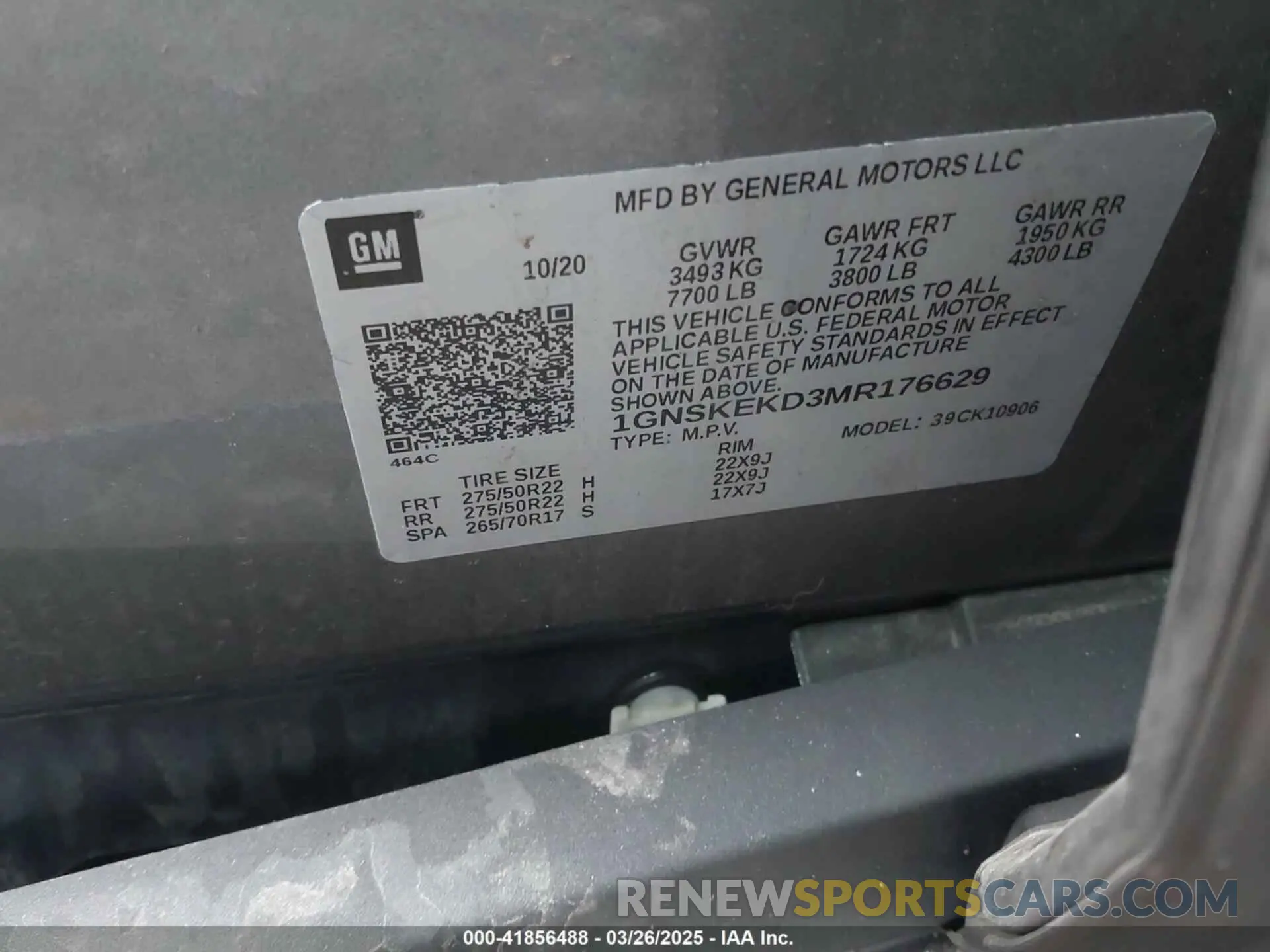 9 Фотография поврежденного автомобиля 1GNSKEKD3MR176629 CHEVROLET SUBURBAN 2021
