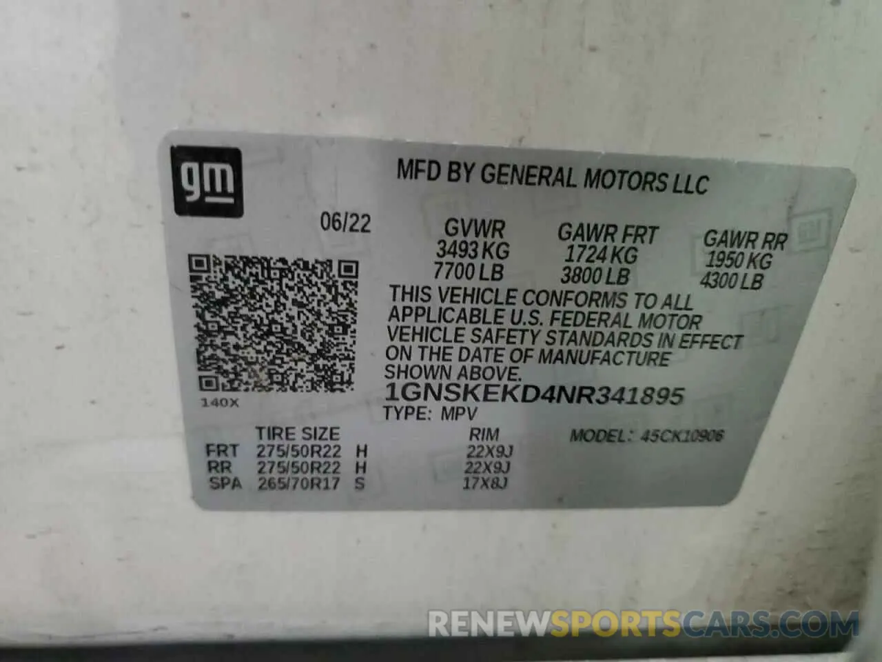 13 Фотография поврежденного автомобиля 1GNSKEKD4NR341895 CHEVROLET SUBURBAN 2022