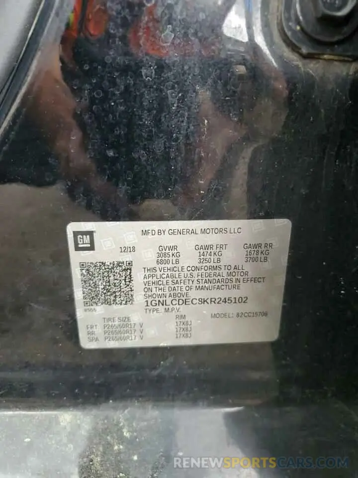 13 Photograph of a damaged car 1GNLCDEC8KR245102 CHEVROLET TAHOE 2019