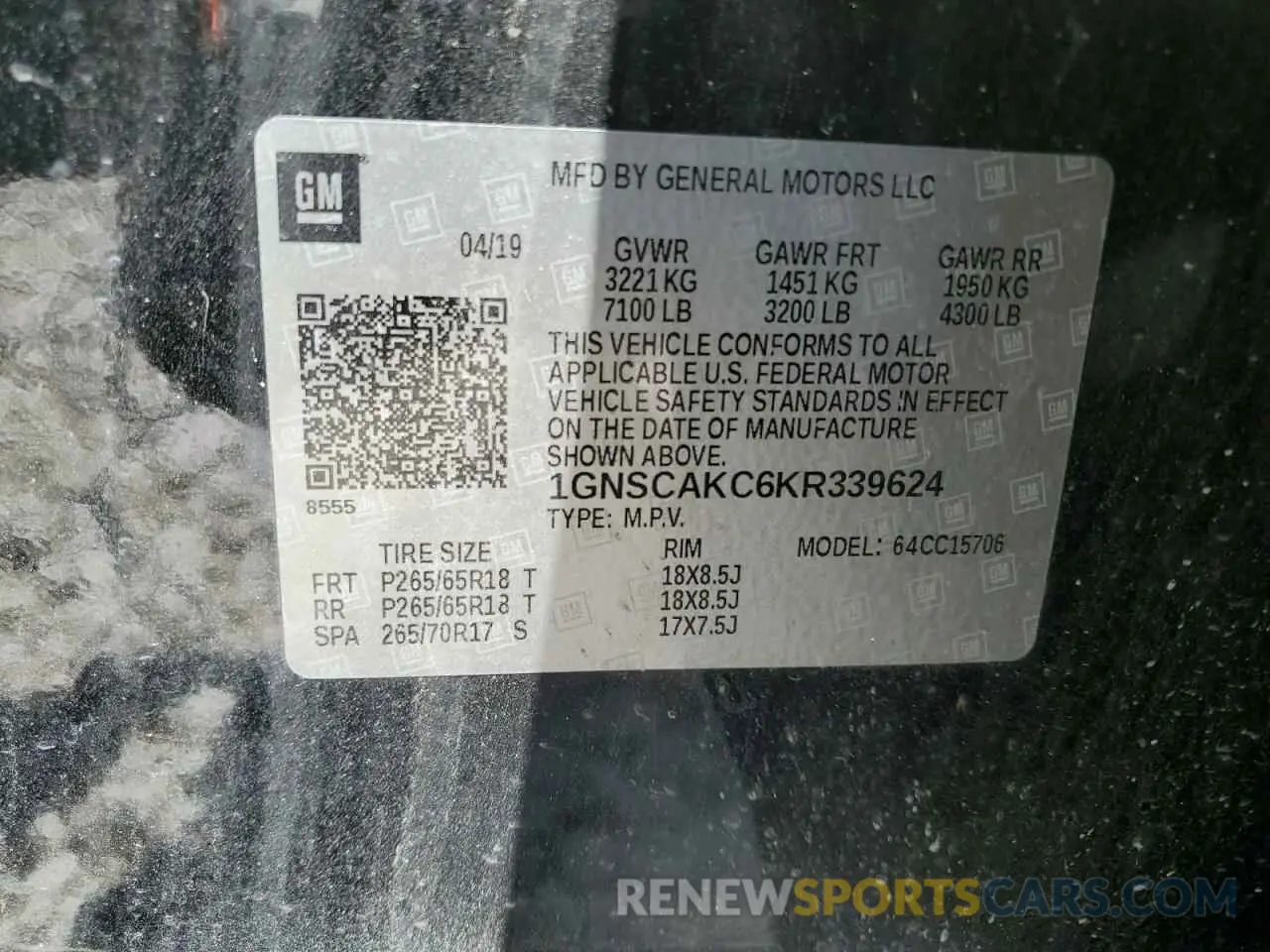 14 Photograph of a damaged car 1GNSCAKC6KR339624 CHEVROLET TAHOE 2019