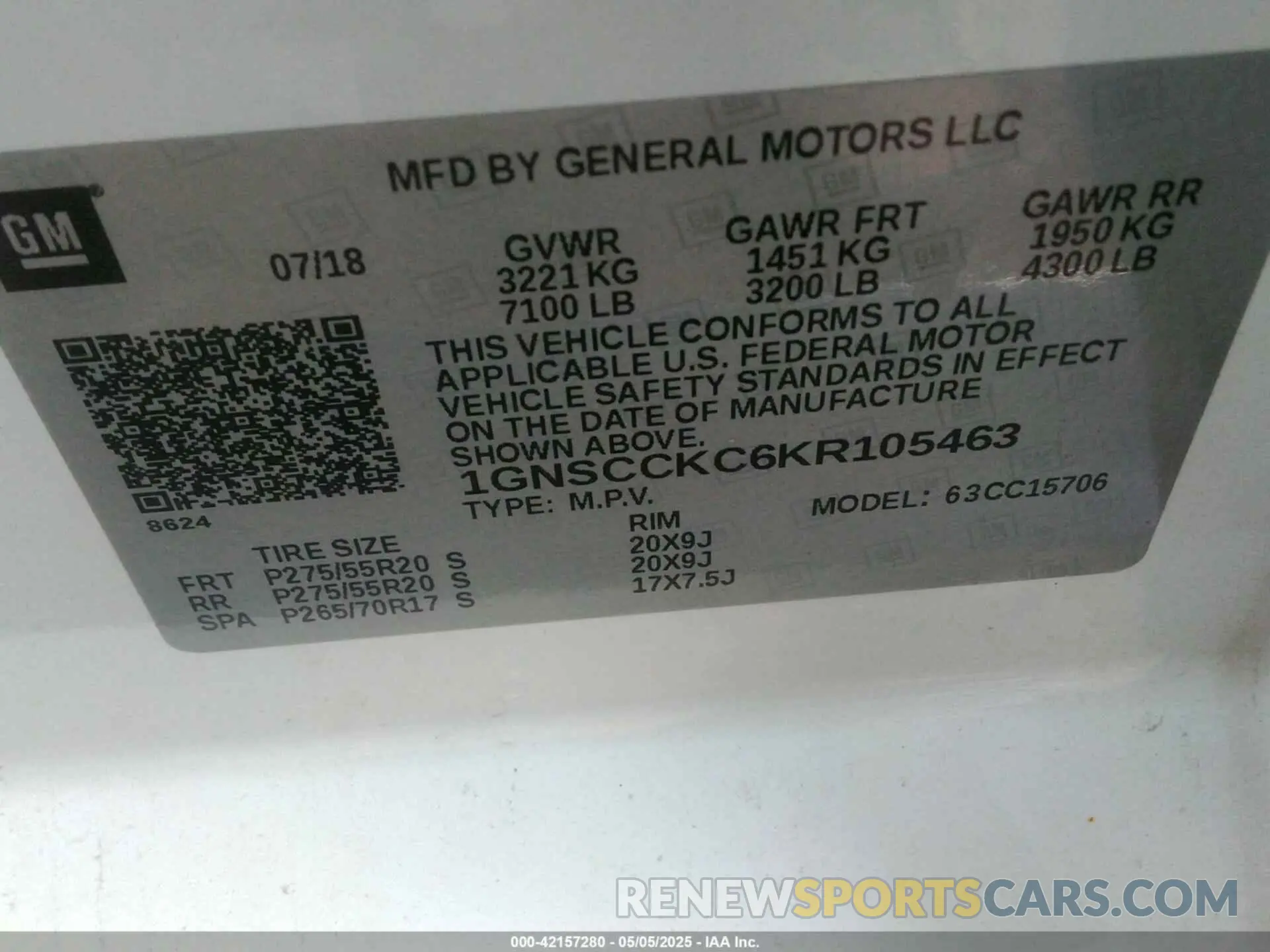 9 Photograph of a damaged car 1GNSCCKC6KR105463 CHEVROLET TAHOE 2019