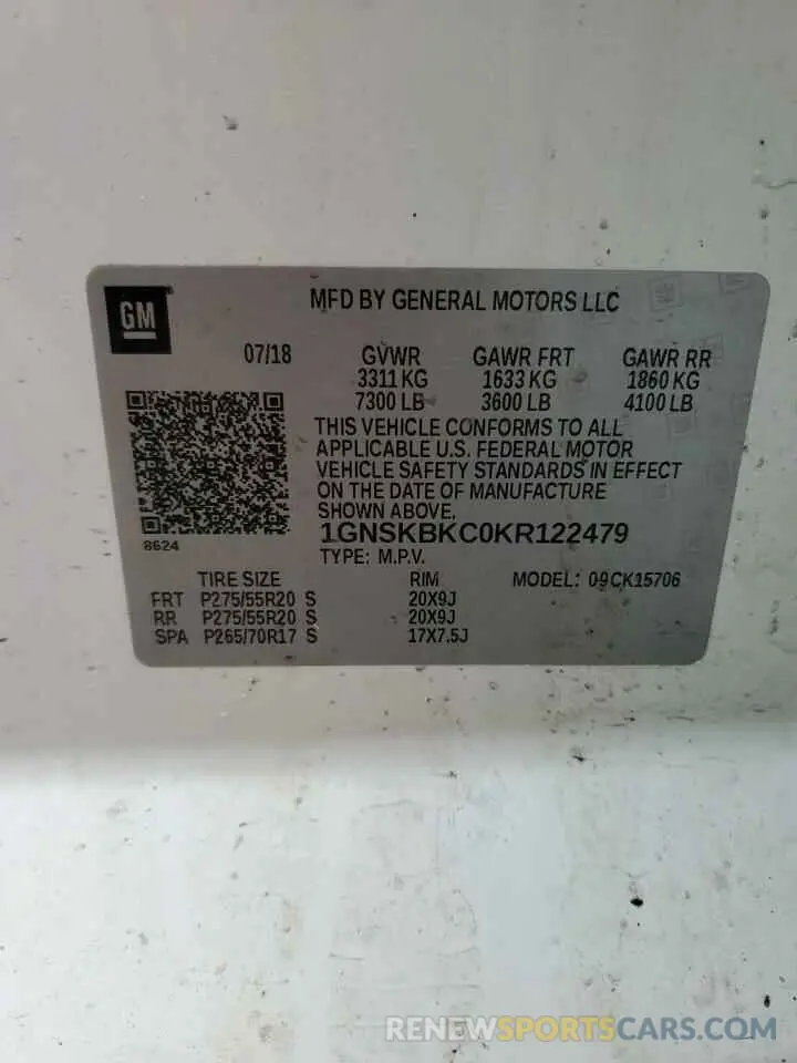 13 Photograph of a damaged car 1GNSKBKC0KR122479 CHEVROLET TAHOE 2019