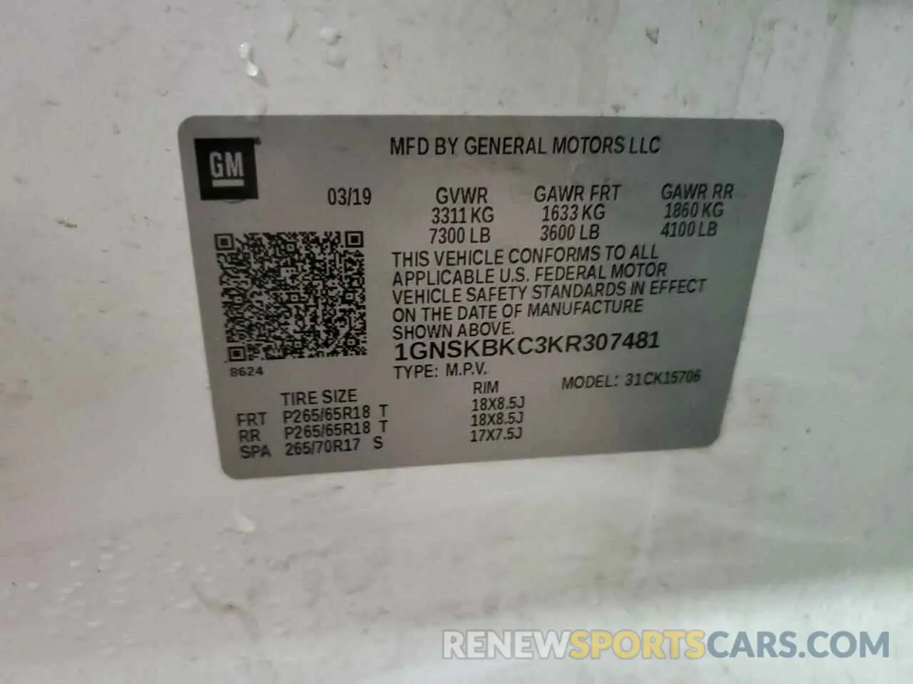 13 Photograph of a damaged car 1GNSKBKC3KR307481 CHEVROLET TAHOE 2019