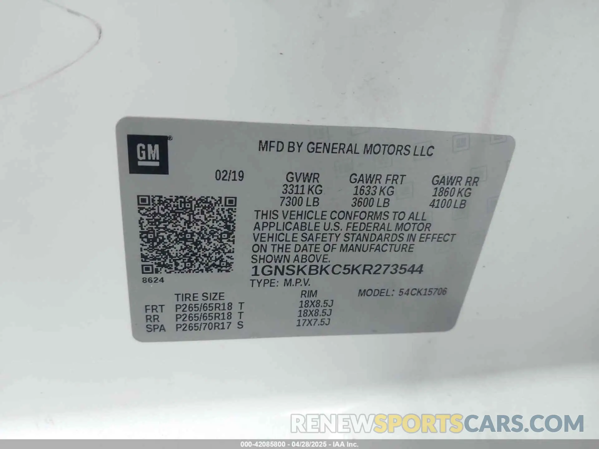 9 Photograph of a damaged car 1GNSKBKC5KR273544 CHEVROLET TAHOE 2019