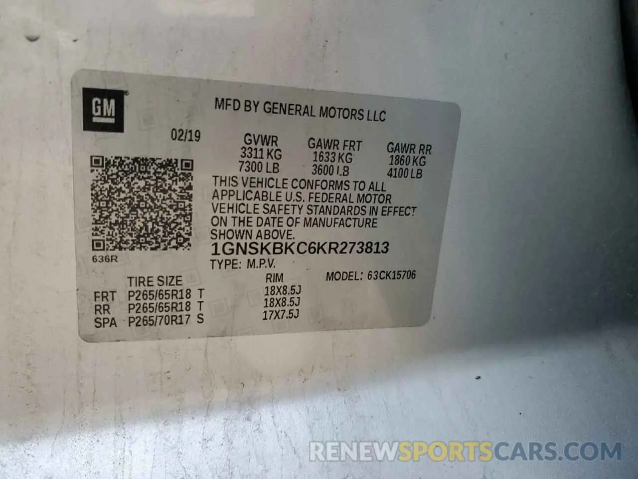 13 Фотография поврежденного автомобиля 1GNSKBKC6KR273813 CHEVROLET TAHOE 2019