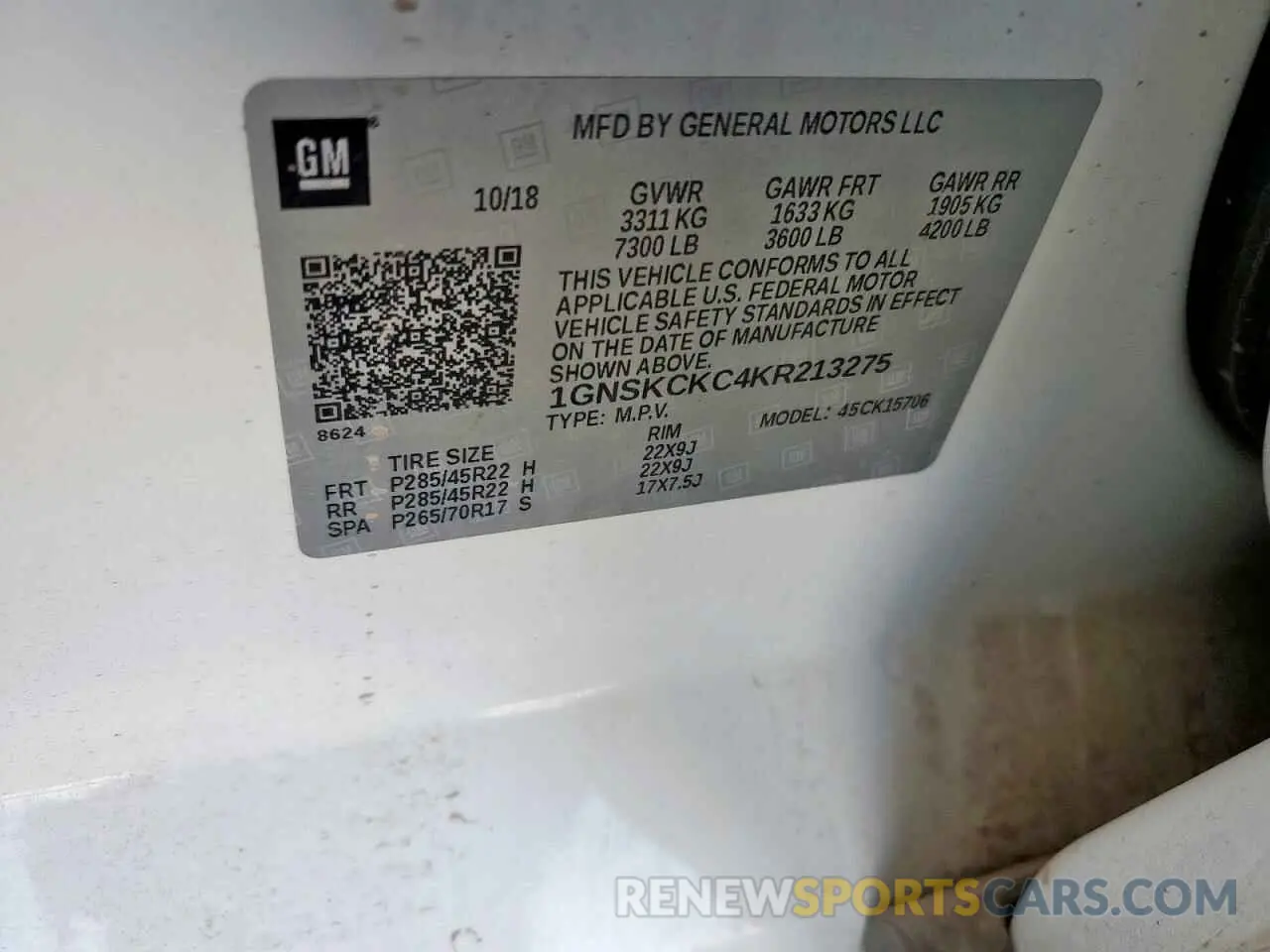 13 Photograph of a damaged car 1GNSKCKC4KR213275 CHEVROLET TAHOE 2019