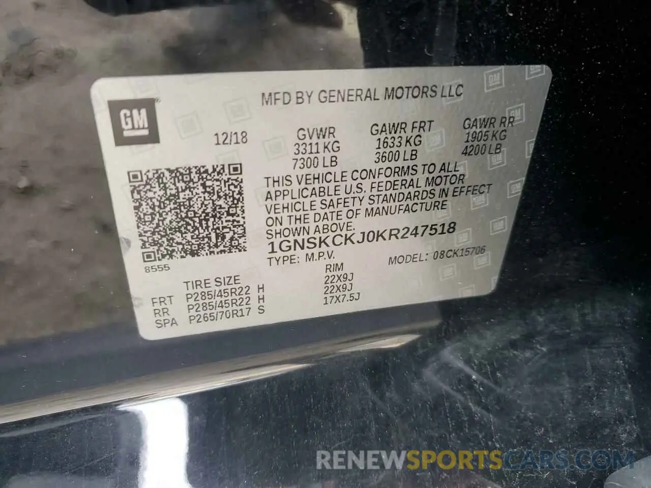 15 Фотография поврежденного автомобиля 1GNSKCKJ0KR247518 CHEVROLET TAHOE 2019