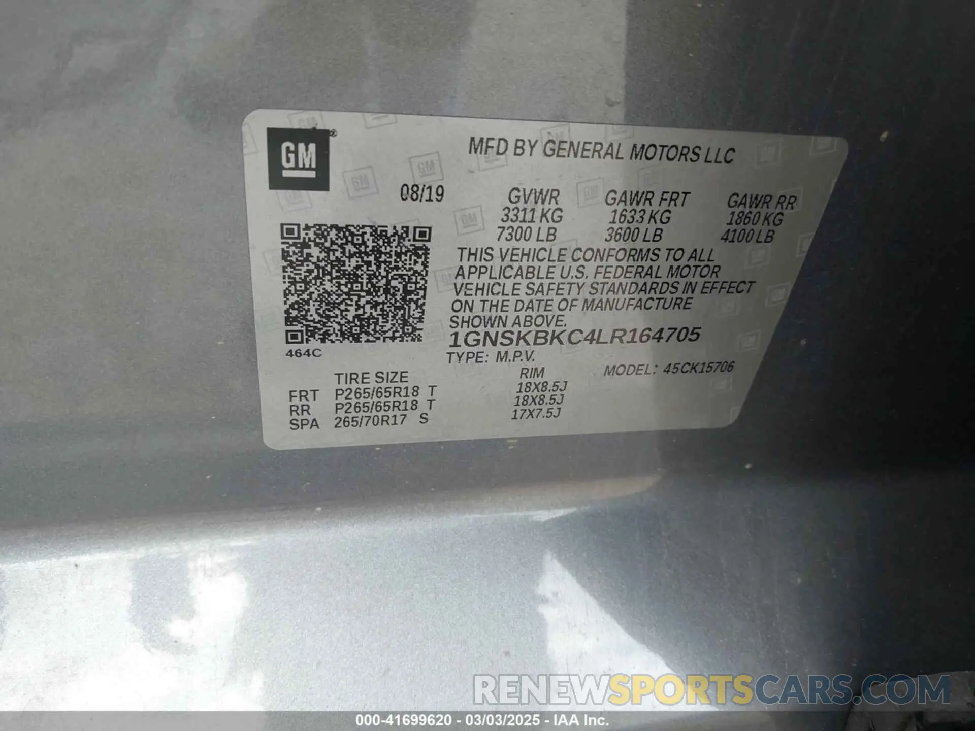 9 Фотография поврежденного автомобиля 1GNSKBKC4LR164705 CHEVROLET TAHOE 2020