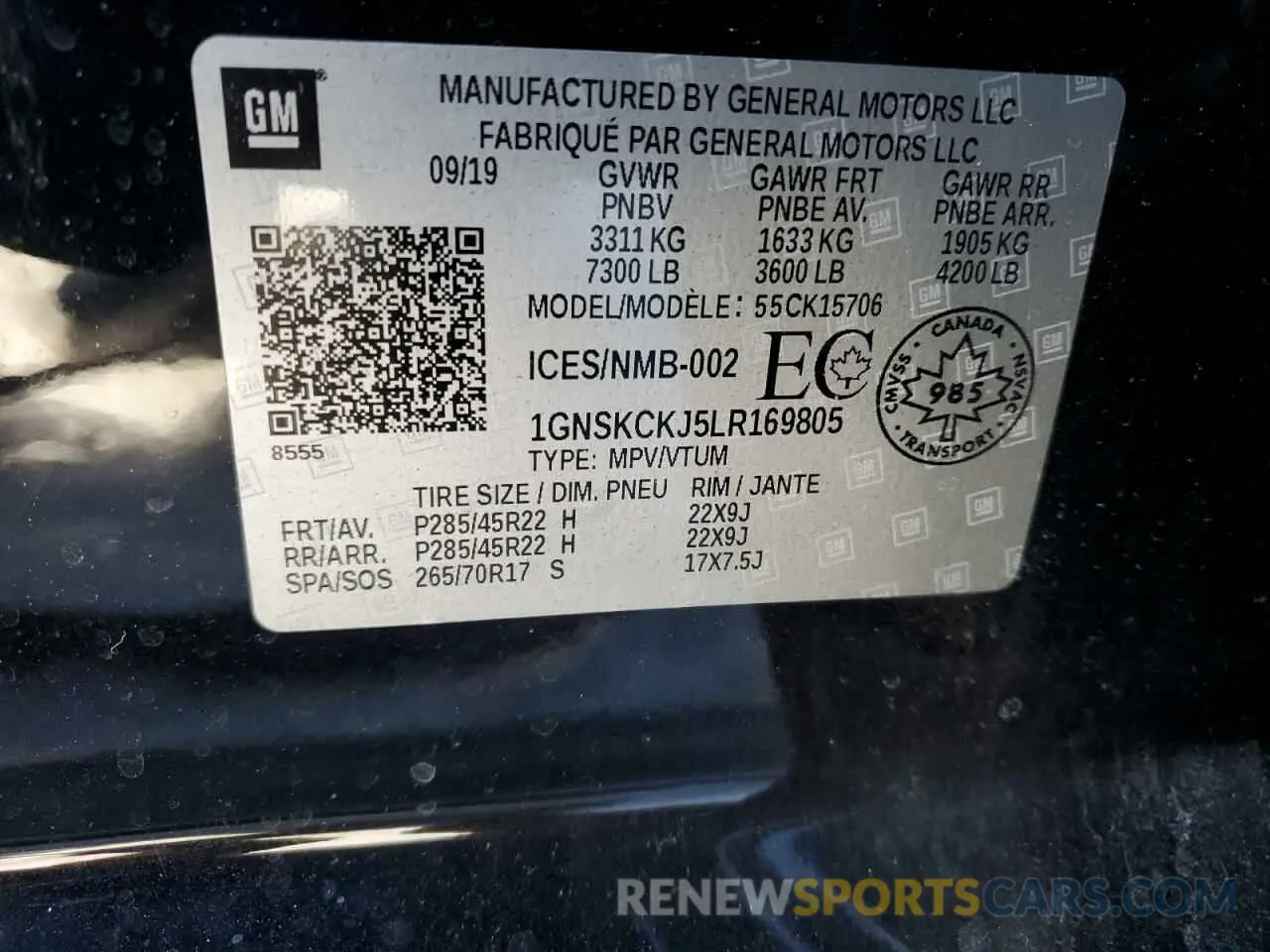13 Photograph of a damaged car 1GNSKCKJ5LR169805 CHEVROLET TAHOE 2020