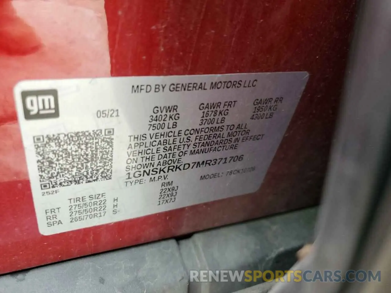 13 Photograph of a damaged car 1GNSKRKD7MR371706 CHEVROLET TAHOE 2021