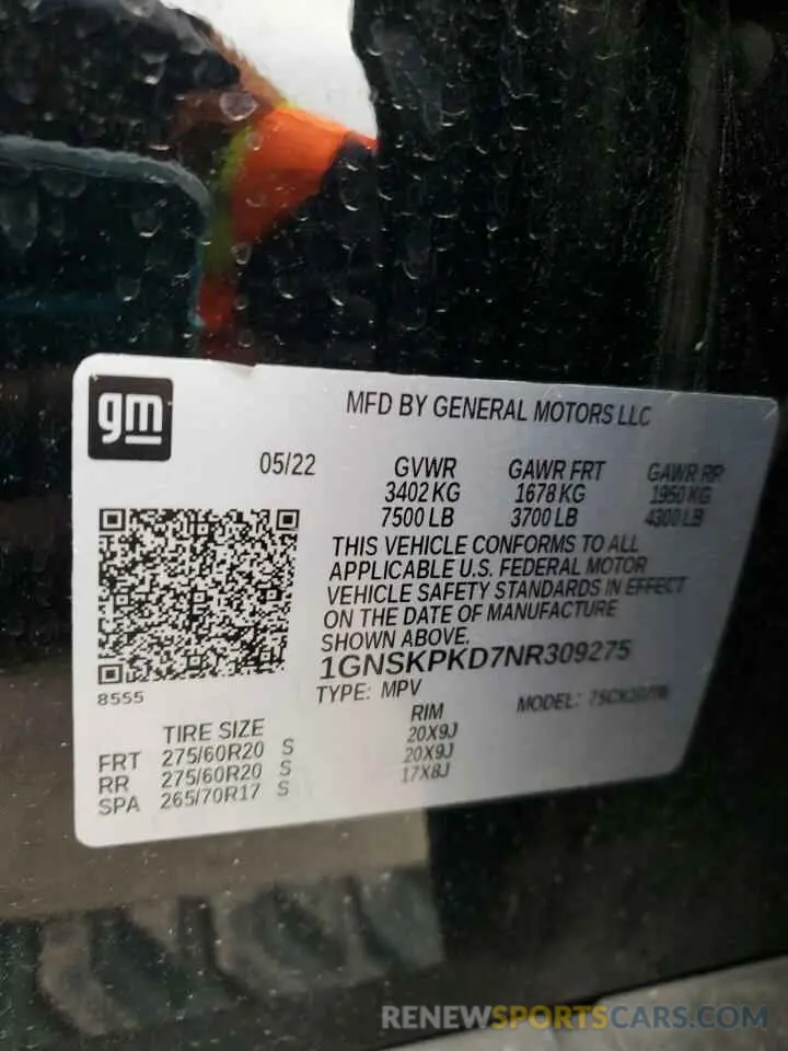 13 Фотография поврежденного автомобиля 1GNSKPKD7NR309275 CHEVROLET TAHOE 2022