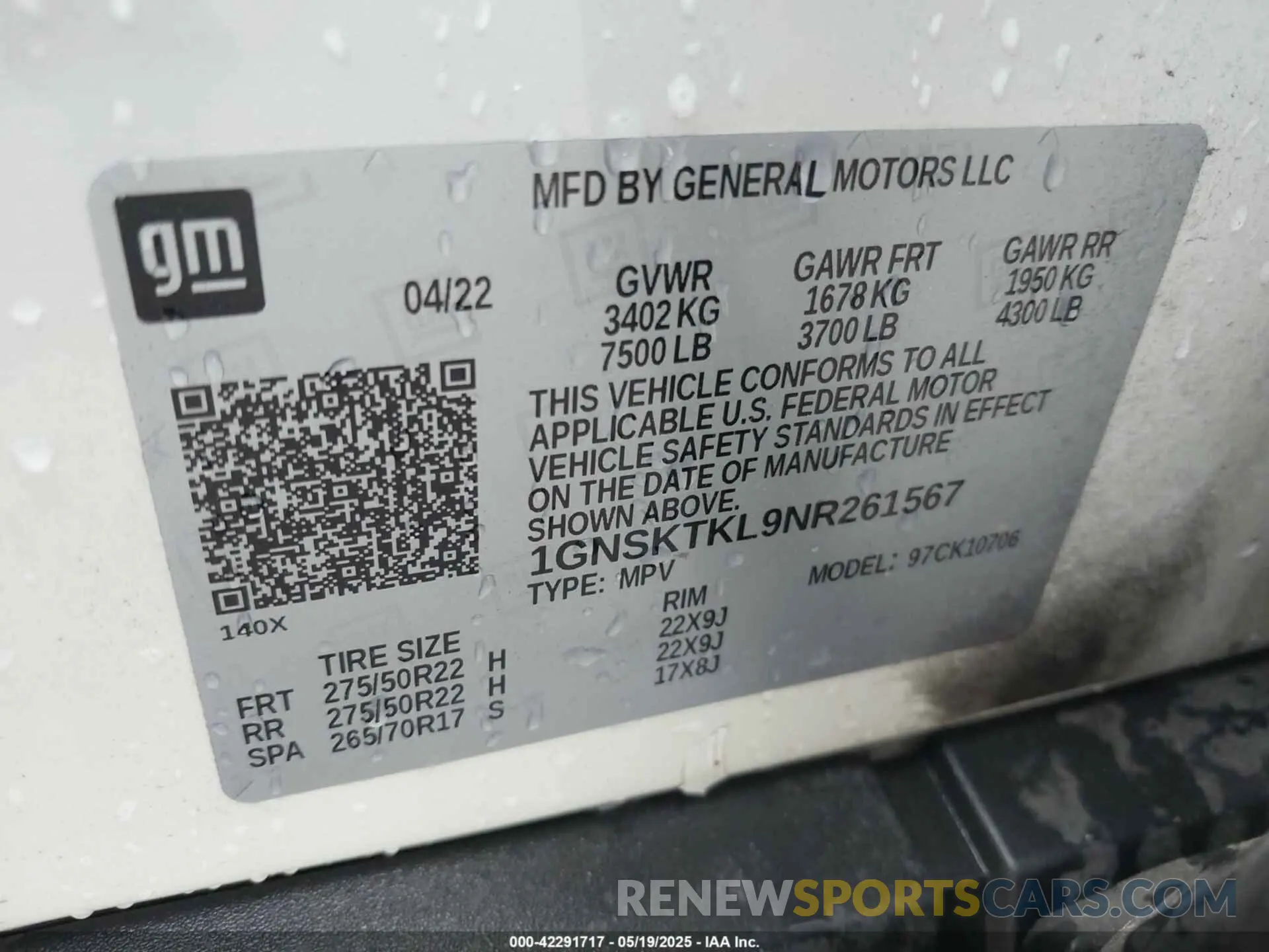 9 Фотография поврежденного автомобиля 1GNSKTKL9NR261567 CHEVROLET TAHOE 2022