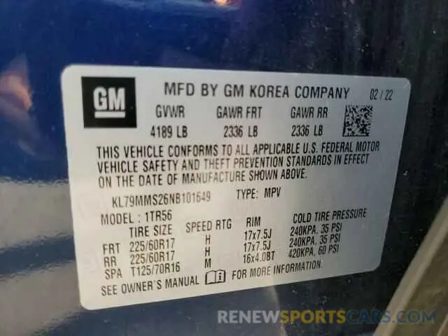 12 Фотография поврежденного автомобиля KL79MMS26NB101649 CHEVROLET TRAILBLZR 2022