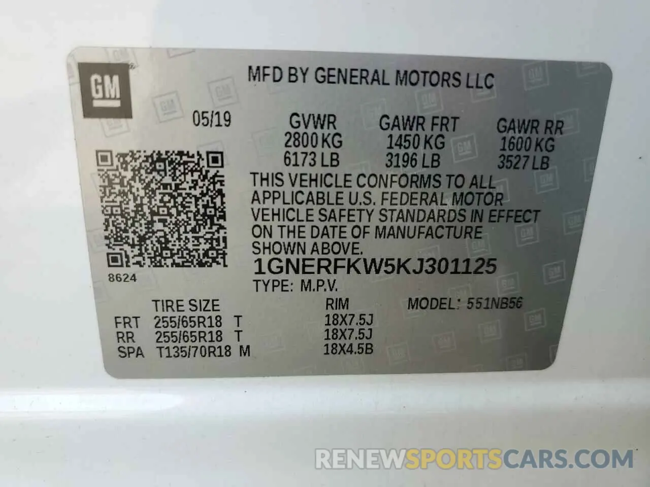 14 Photograph of a damaged car 1GNERFKW5KJ301125 CHEVROLET TRAVERSE 2019