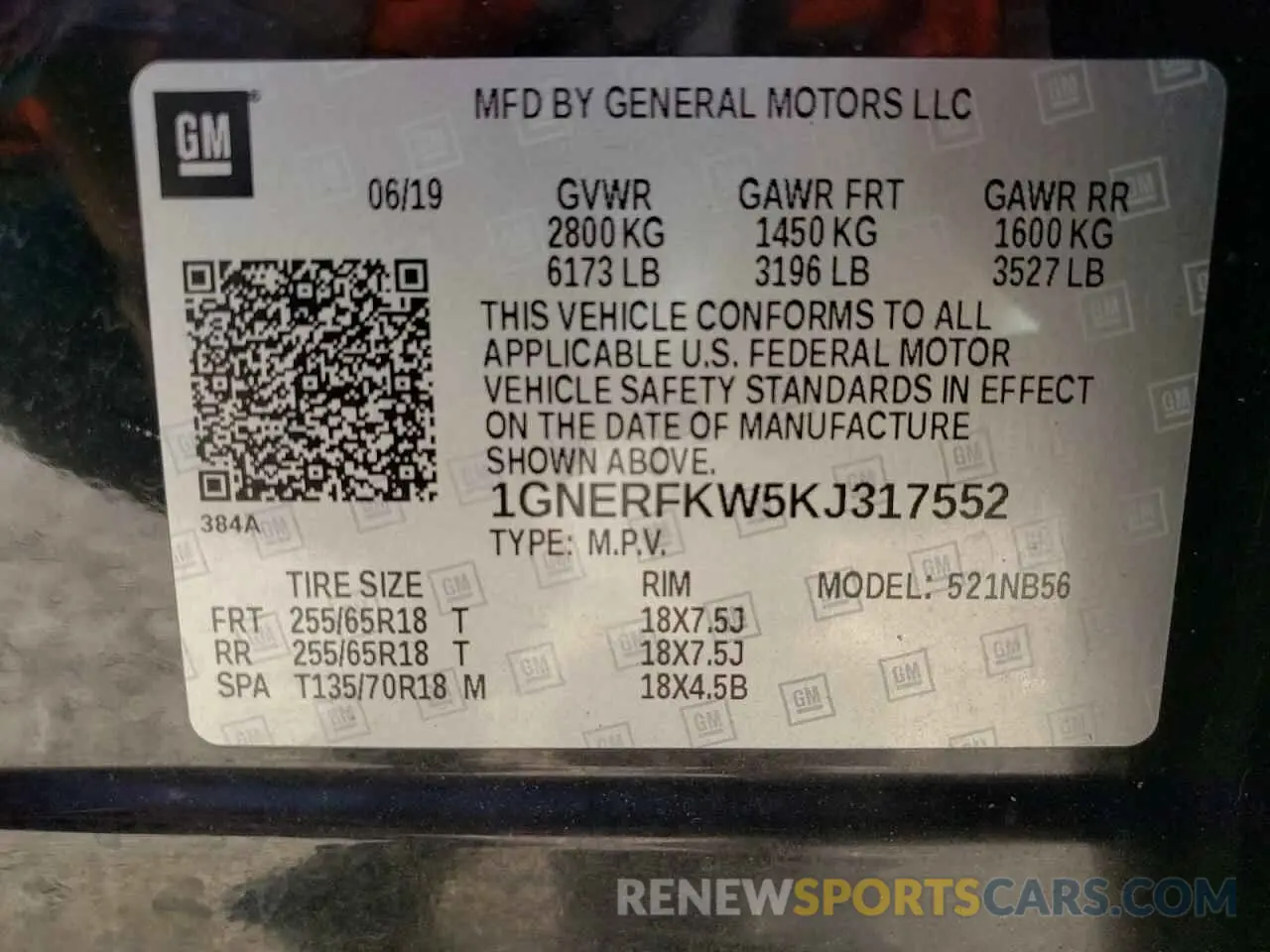 15 Photograph of a damaged car 1GNERFKW5KJ317552 CHEVROLET TRAVERSE 2019