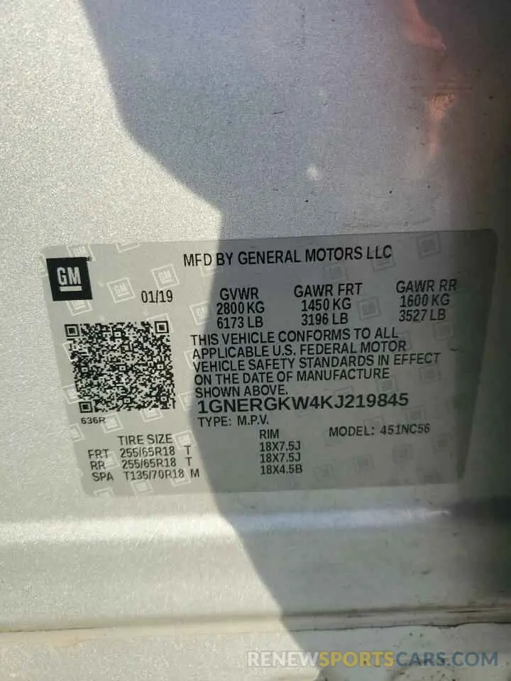 13 Photograph of a damaged car 1GNERGKW4KJ219845 CHEVROLET TRAVERSE 2019