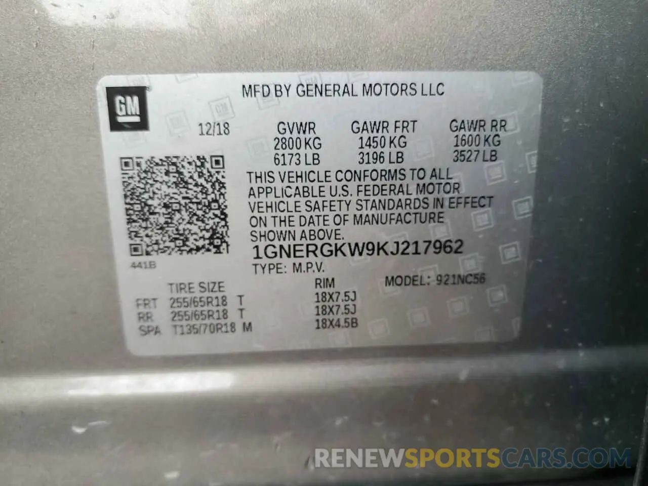 13 Photograph of a damaged car 1GNERGKW9KJ217962 CHEVROLET TRAVERSE 2019