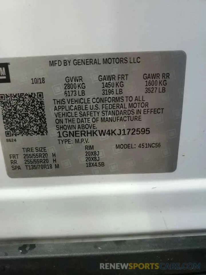 12 Фотография поврежденного автомобиля 1GNERHKW4KJ172595 CHEVROLET TRAVERSE 2019