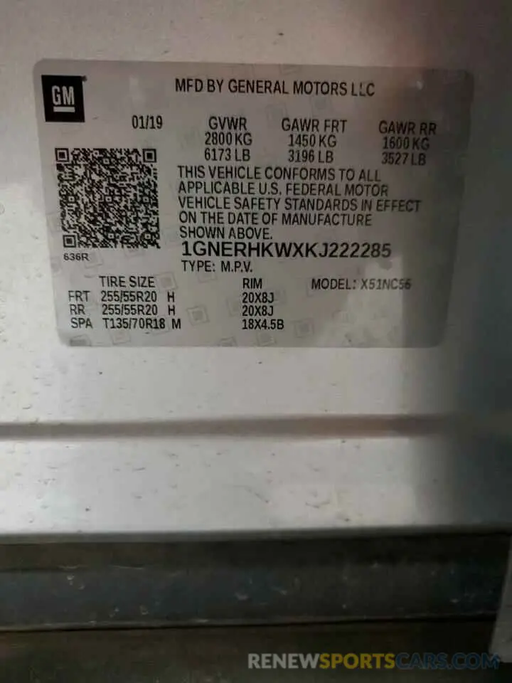 13 Photograph of a damaged car 1GNERHKWXKJ222285 CHEVROLET TRAVERSE 2019