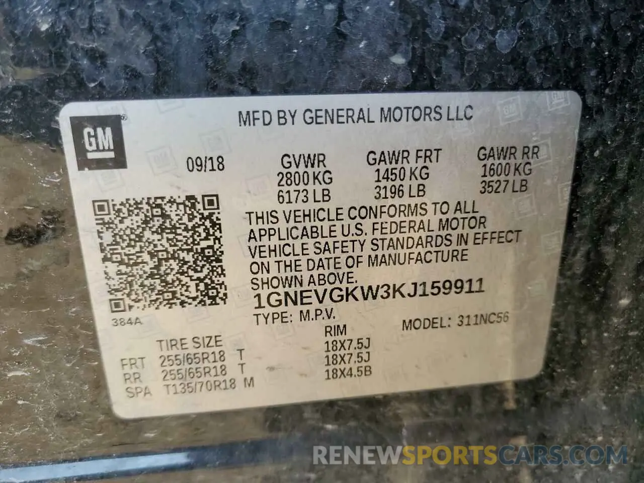 13 Photograph of a damaged car 1GNEVGKW3KJ159911 CHEVROLET TRAVERSE 2019