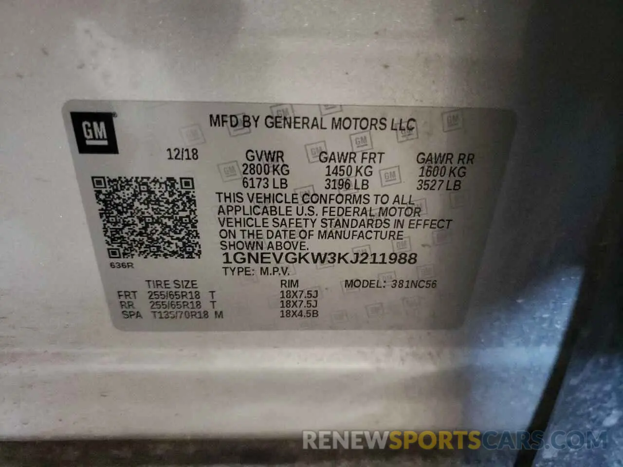 13 Photograph of a damaged car 1GNEVGKW3KJ211988 CHEVROLET TRAVERSE 2019