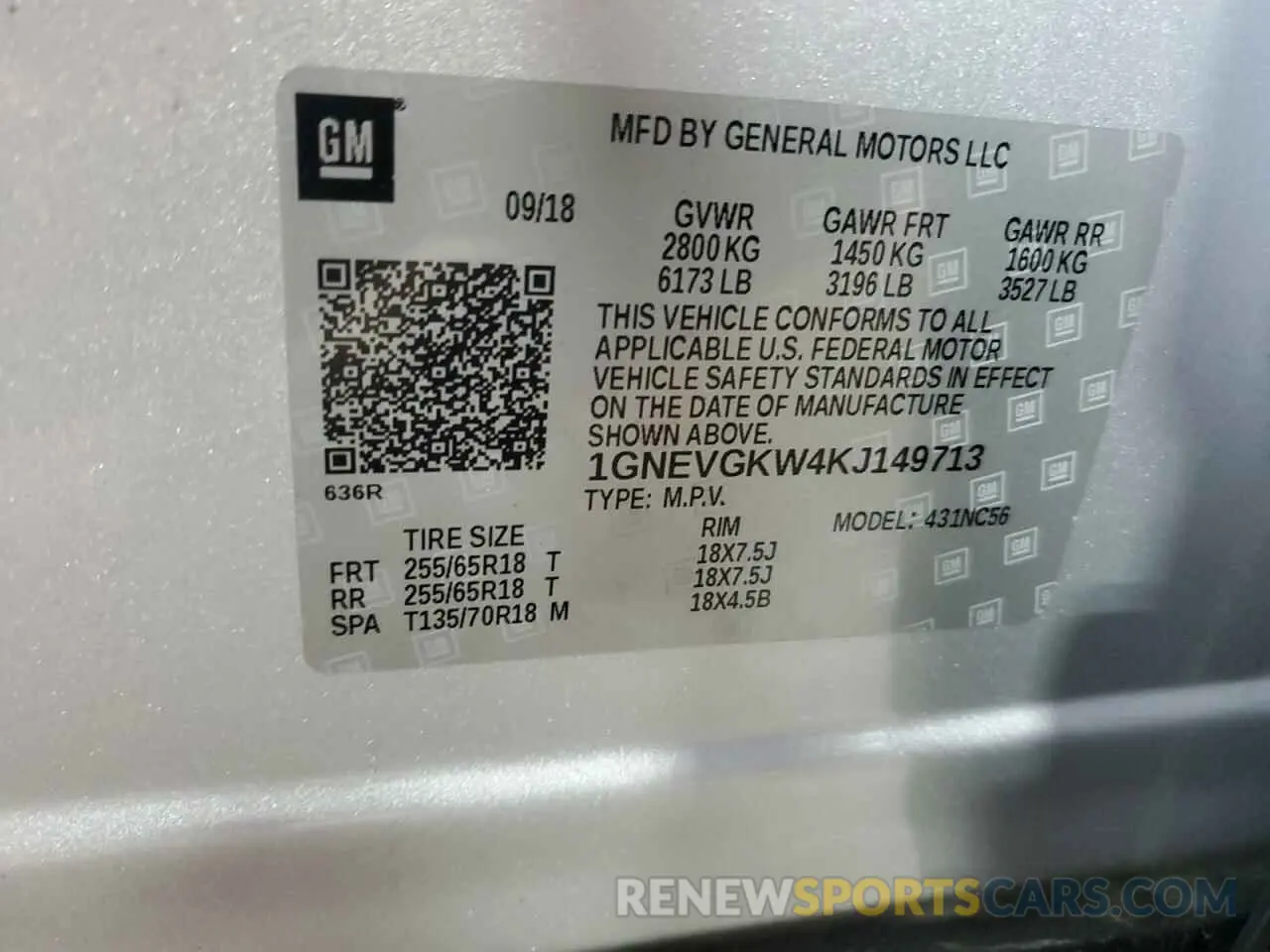 14 Фотография поврежденного автомобиля 1GNEVGKW4KJ149713 CHEVROLET TRAVERSE 2019