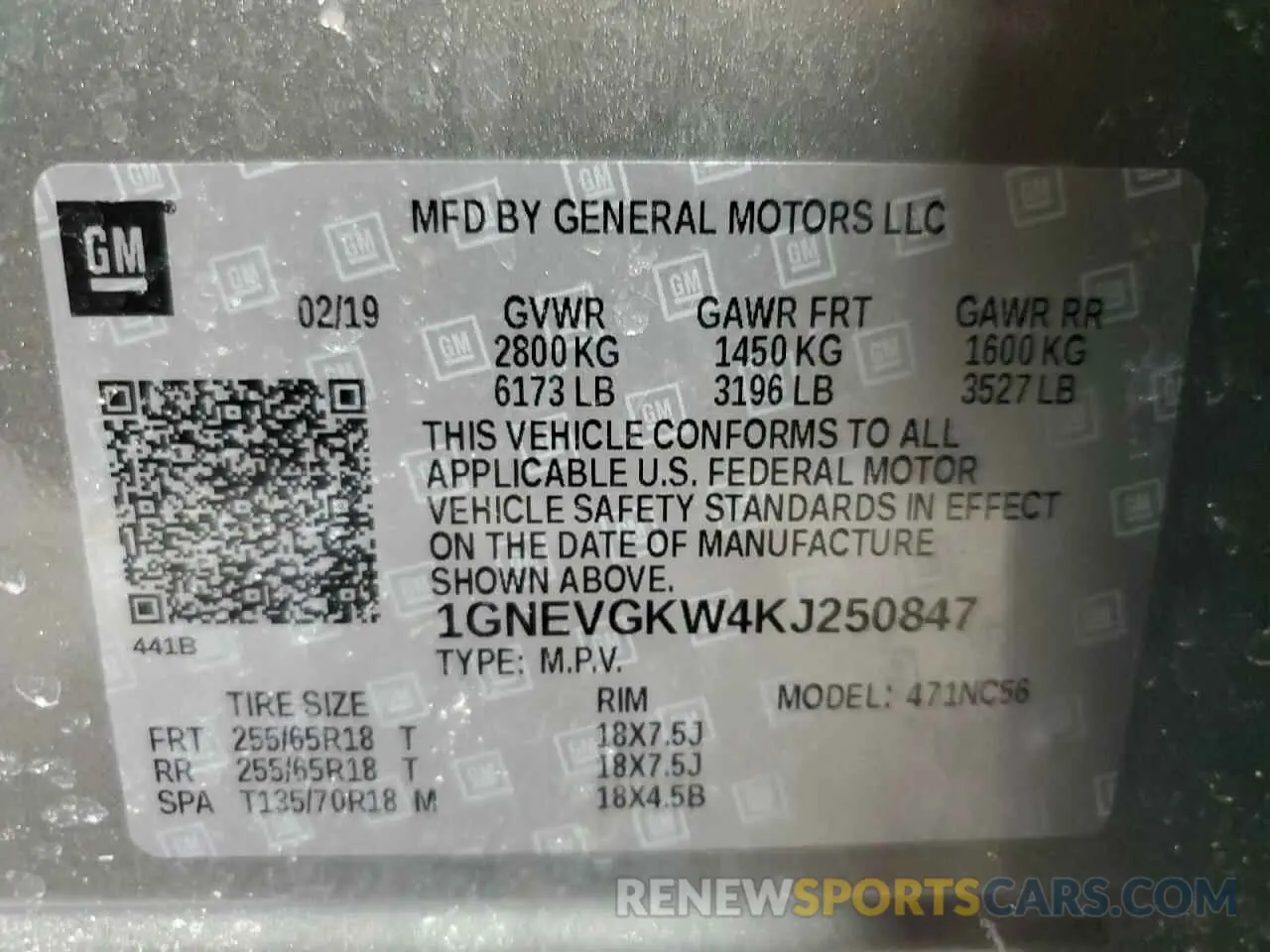 13 Photograph of a damaged car 1GNEVGKW4KJ250847 CHEVROLET TRAVERSE 2019
