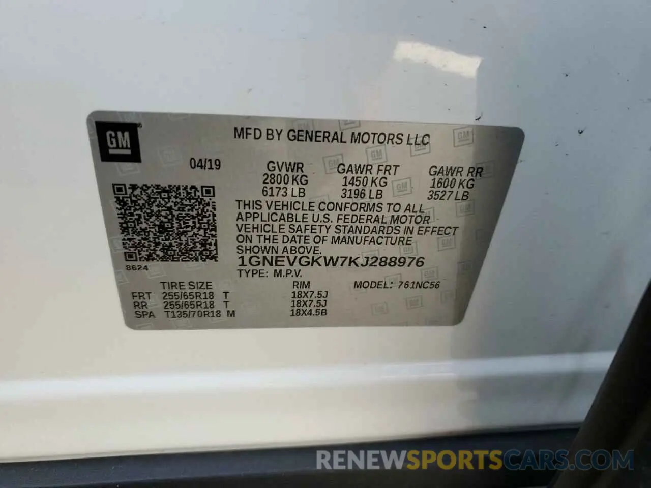 14 Photograph of a damaged car 1GNEVGKW7KJ288976 CHEVROLET TRAVERSE 2019