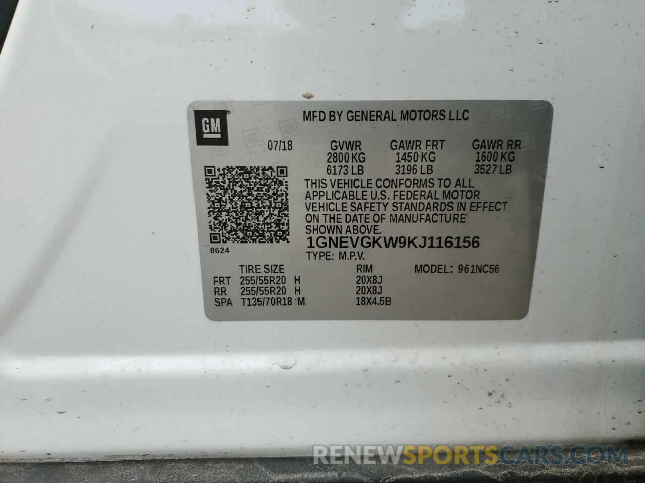 15 Photograph of a damaged car 1GNEVGKW9KJ116156 CHEVROLET TRAVERSE 2019