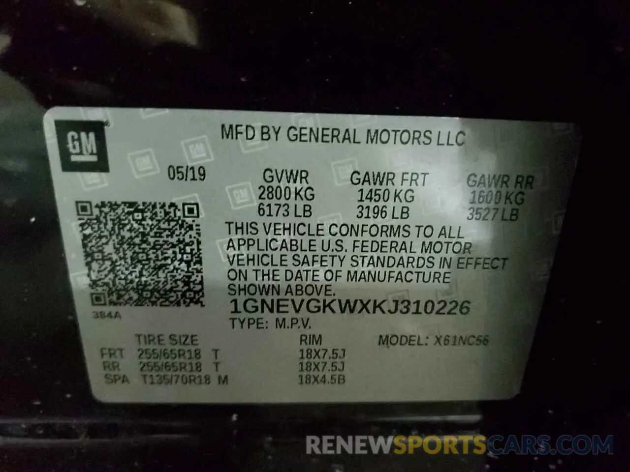 14 Photograph of a damaged car 1GNEVGKWXKJ310226 CHEVROLET TRAVERSE 2019
