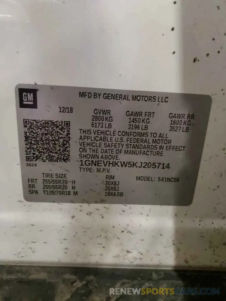 13 Photograph of a damaged car 1GNEVHKW5KJ205714 CHEVROLET TRAVERSE 2019