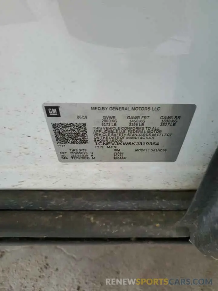13 Photograph of a damaged car 1GNEVJKW5KJ319364 CHEVROLET TRAVERSE 2019