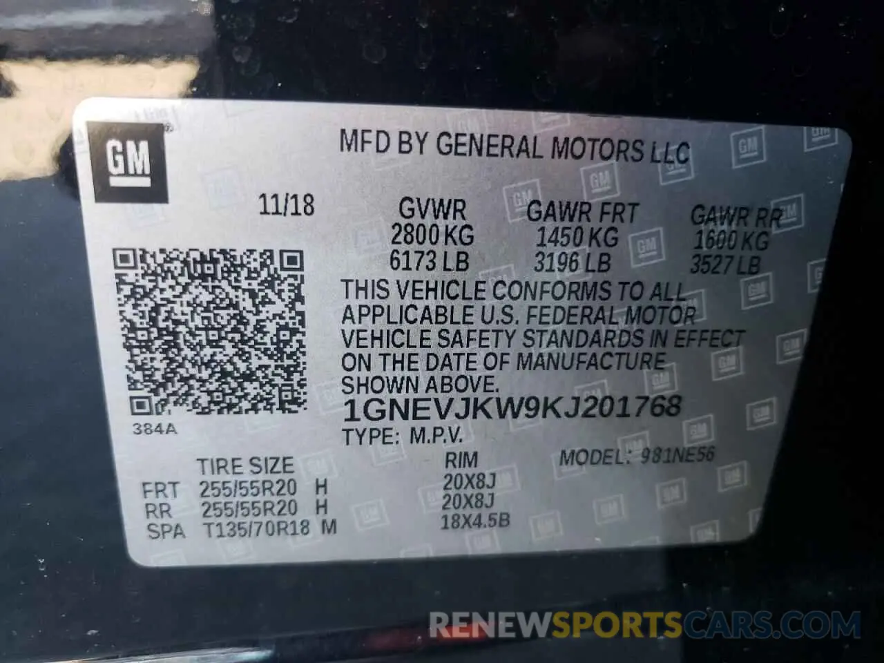 13 Photograph of a damaged car 1GNEVJKW9KJ201768 CHEVROLET TRAVERSE 2019