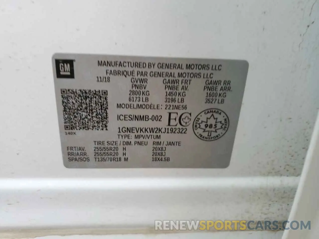 14 Photograph of a damaged car 1GNEVKKW2KJ192322 CHEVROLET TRAVERSE 2019