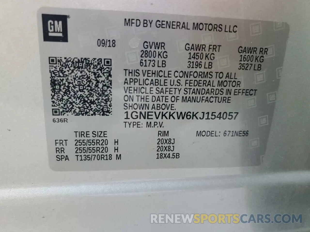 13 Фотография поврежденного автомобиля 1GNEVKKW6KJ154057 CHEVROLET TRAVERSE 2019